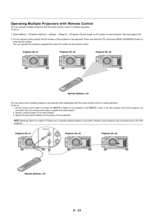 Page 30E – 23
REMOTE2
INPUT7S-VIDEO1
Y
C IN
OUT
Operating Multiple Projectors with Remote Control
You can operate multiple projectors with the same remote control in wireless operation.
To do so:
1. Select [Menu] → [Projector Options] → [Setup] → [Page 5] → [Projector ID] and assign an ID number to each projector. See also page E-39.
2. On the remote control specify the ID number of the projector to be adjusted. Press and hold the CTL and press MENU (ADDRESS) button to
enter the ID number.
You can operate the...