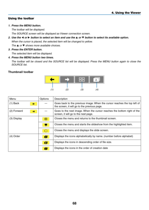 Page 7868
4. Using the Viewer
Using the toolbar
1. Press the MENU button.
  The toolbar will be displayed.
 The SOURCE screen will be displayed as Viewer connection screen.
2. Use the ◀ or ▶ button to select an item and use the ▲ or ▼ button to select its available option.
  When the cursor is placed, the selected item will be changed to yellow.
 The ▲ or ▼ shows more available choices.
3. Press the ENTER button.
  The selected item will be displayed.
4. Press the MENU button two times.
  The  toolbar  will  be...