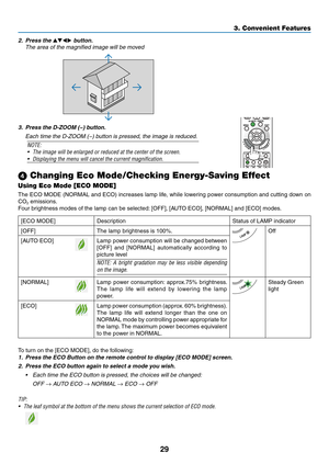 Page 3929
3. Convenient Features
 Changing Eco Mode/Checking Energy-Saving Effect 
Using Eco Mode [ECO MODE]
The	ECO	 MODE	 (NORMAL	 and	ECO)	 increases	 lamp	life,	while	 lowering	 power	consumption	 and	cutting	 down	on	
CO2 emissions. 
Four	brightness	modes	of	the	lamp	can	be	selected: 	[OFF],	[AUTO	ECO],	[NORMAL]	and	[ECO]	modes.	
[ECO	MODE]	DescriptionStatus	of	LAMP	indicator
[OFF]The	lamp	brightness	is	100%.Off
[AUTO	ECO]Lamp	power	 consumption	 will	be	changed	 between	
[OFF]	and 	[NORMAL]...