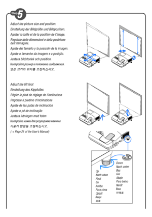 Page 4Adjust the tilt foot
Einstellung des Kippfußes
Régler le pied de réglage de l’inclinaison
Regolate il piedino d’inclinazione
Ajuste de las patas de inclinación
Ajuste o pé de inclinação
Justera lutningen med foten
Настройка ножки для регулировки наклона
기울기 받침을 조절하십시오.
(→  Page 21 of the User’s Manual)
Adjust the picture size and position.
Einstellung der Bildgröße und Bildposition.
Ajuster la taille et de la position de l’image.
Regolate delle dimensioni e della posizione 
dell’immagine.
Ajuste del...