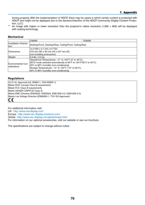 Page 8879
7. Appendix
tioning properly. With the implementation of HDCP, there may be cases in which certain content is protected with 
HDCP and might not be displayed due to the decision/intention of the HDCP community (Digital Content Protec-
tion, LLC).
*
5	 An	 image	 with	higher	 or	lower	 resolution	 than	the	projector’s	 native	resolution	 (1280	×	800)	 will	be	displayed	
with scaling technology.
Mechanical
V300W V260W
Installation Orienta-
tion Desktop/Front, Desktop/Rear, Ceiling/Front, Ceiling/Rear...