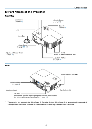 Page 12
4
S-VIDEO IN
VIDEO IN
COMPUTER IN
PC CONTROLSOURCEAUTO
ADJ.SELEC
TON
/STAN D BY
LAMP
STATUS
PO WERFO CU S
AC IN
LAMP
S TAT US
PO WER
ON/S TA N D 
BYSOU RC
EAU TO
A DJ.SEL ECTFOC US
1. Introduction
➌
 Part Names of the Projector
Zoom Lever
( →  page 22)
Controls
(→  page 
6)
Lens
Lens Cap
Built-in Security Slot ( 
 )*
Adjustable Tilt Foot Button
(
→  page 
21)
Adjustable Tilt Foot
(→  page 
21)
Remote Sensor
(
→  page 
8)
Front/Top
AC Input
Connect the supplied power cables three-pin plug here, and plug...