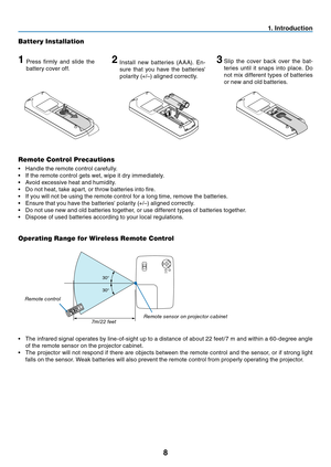 Page 16
8
30°
30°
1. Introduction
Remote Control Precautions
•  Handle the remote control carefully.
•  If the remote control gets wet, wipe it dry immediately.
•  Avoid excessive heat and humidity.
•  Do not heat, take apart, or throw batteries into fi re.
•  If you will not be using the remote control for a long time, remove the batteries.
•  Ensure that you have the batteries' polarity (+/–) aligned correctly.
•  Do not use new and old batteries together, or use different types of batteries together.
•...