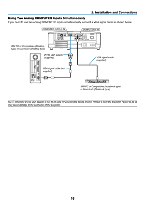 Page 25
6
2. Installation and Connections
COMPUTER 1 IN COMPUTER 2 (DVI-I) IN
VGA signal cable  (supplied)
IBM PC or Compatibles (Notebook type) or Macintosh (Notebook type)
IBM PC or Compatibles (Desktop type) or Macintosh (Desktop type)
VGA signal cable (not supplied)
DVI to VGA adapter (supplied)
NOTE: When the DVI to VGA adapter is not to be used for an extended period of time, remove it from the projector. Failure to do so 
may cause damage to the connector of the projector.
Using Two Analog COMPUTER...