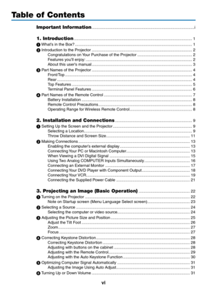 Page 8
v
Table of Contents
Important Information ........................................................................\
....................i
1. Introduction  ........................................................................\
..................................1
1 What’s in the Box?  ........................................................................\
.................................1
 Introduction to the Projector  ........................................................................\...