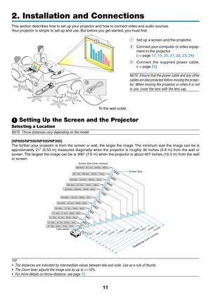 Page 20

2. Installation and Connections
SELECTMENUEXITENTERSTATUSLAMPAUTOADJ.SOURCEFOCUS
This section describes how to set up your projector and how to connect video and audio sources.
Your projector is simple to set up and use. But before you get started, you must first:
z  Set up a screen and the projector.
x  Connect your computer or video equip-
ment to the projector.
  (
→ page 17, 19, 20, 21, 22, 23, 24)
c Connect  the  supplied  power  cable. 
(→ page 25)
NOTE: Ensure that the power cable and...