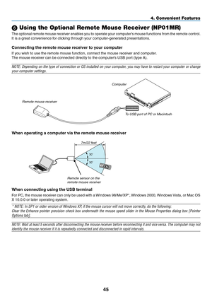 Page 54
45
4. Convenient Features
30
30
 Using the Optional Remote Mouse Receiver (NP01MR)
The optional remote mouse receiver enables you to operate your computer’s mouse functions from the remote control. 
It is a great convenience for clicking through your computer-generated presentations.
Connectng the remote mouse recever to your computer
If you wish to use the remote mouse function, connect the mouse receiver and computer.
The mouse receiver can be connected directly to the computer’s USB port...