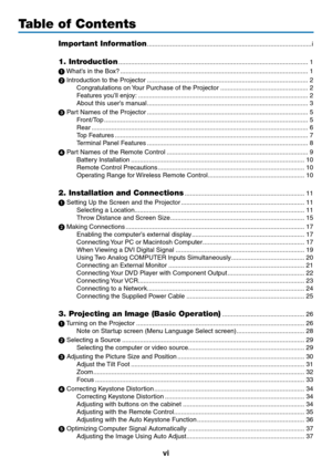 Page 8
v
Table of Contents
Important Information ........................................................................\
....................i
1. Introduction  ........................................................................\
..................................1
1 What’s in the Box?  ........................................................................\
.................................1
 Introduction to the Projector  ........................................................................\...