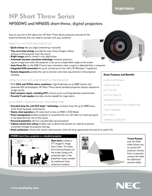 Page 1www.necdisplay.com
Portable Projectors
NP Short Throw Series  
NP500WS and NP600S short-throw, digital projectors 
Easy to use and at the right price, NP Short Throw Series projectors pro\
vide all the  
essential features that you need to connect with your audience.
ESSENTIAL FEATURES FOR EASE OF USE
° Quick startup lets you begin presenting in seconds
° Top cover lamp change provides for easy lamp changes without  
   removal of the projector from the mount
° Bright images easily viewed in any...