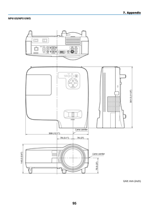Page 10495
7. Appendix
NP610S/NP510WS
MENU
EXITENTER
STATUS
LAMP
AUTO ADJ.
SOURCE
FOCUS
78 (3.1)
308 (12.1)
76 (3)
143.2 (5.6)
301.5 (11.9)
75.5 (3)
Lens center
Lens center
Unit:
	mm	(inch) 