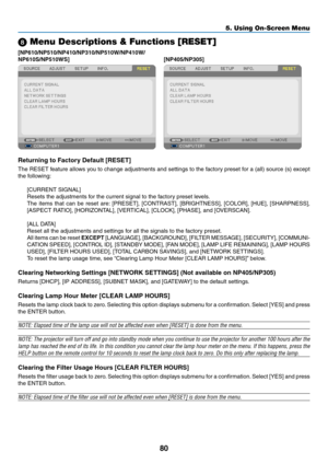 Page 8980
5. Using On-Screen Menu
 Menu Descriptions & Functions [RESET]
[NP610/NP510/NP410/NP310/NP510W/NP410W/
NP610S/NP510WS][NP405/NP305]
Returning	to	Factory	Default	[RESET]
The	RESET	 feature	allows	you	to	change	 adjustments	 and	settings	 to	the	 factory	 preset	for	a	(all)	 source	 (s)	except	
the	following:
[CURRENT	SIGNAL]
Resets	the	adjustments	for	the	current	signal	to	the	factory	preset	levels. 	
The	items	 that	can	be	reset	 are:	[PRESET],	 [CONTRAST],	 [BRIGHTNESS],	 [COLOR],	[HUE],...