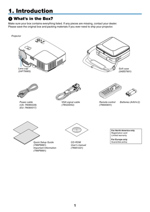 Page 10

LAMPSTATUSPOWERFOCUSON/STAND BYSOURCEAUTOADJ.SELECT
➊ What's in the Box?
Make 	 sure 	 your 	 box 	 contains 	 everything 	 listed. 	 If 	 any 	 pieces 	 are 	 missing, 	 contact 	 your 	 dealer.
Please 	 save 	 the 	 original 	 box 	 and 	 packing 	 materials 	 if 	 you 	 ever 	 need 	 to 	 ship 	 your 	 projector.
Projector
Lens cap(24FT9983)
Power cable(US: 7N080228)(EU: 7N080017)
VGA signal cable(7N520052)
CD-ROMUser’s manual(7N951221)
For North Amer ca only
Registration 	 card...