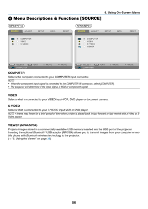 Page 6556
6. Using On-Screen Menu
➍ Menu Descriptions & Functions [SOURCE]
 
COMPUTER
Selects	the	computer	connected	to	your	COMPUTER	input	connector.
N OTE:
•	 When	the	component	input	signal	is	connected	to	the	COMPUTER	IN	connector,	select	[COMPUTER].
•	 The	projector	will	determine	if	the	input	signal	is	RGB	or	component	signal.
VIDEO
Selects	what	is	connected	to	your	VIDEO	input-VCR,	DVD	player	or	document	camera.
S-VIDEO
Selects	what	is	connected	to	your	S-VIDEO	input-VCR	or	DVD	player.
NOTE:	A	frame	 may...