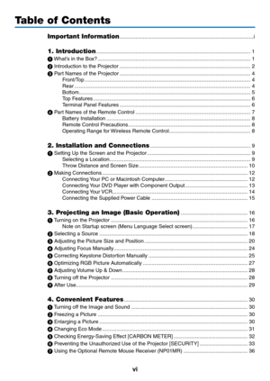 Page 8vi
Table of Contents
Important Information ........................................................................\
....................i
1. Introduction  ........................................................................\
..................................1
➊ What’s in the Box?
  ........................................................................\
.................................1
➋ Introduction to the Projector
  ........................................................................\...