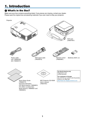 Page 101
➊ What’s in the Box?
Make	sure	your	box	contains	everything	listed.	If	any	pieces	are	missing,	contact	your	dealer.
Please	save	the	original	box	and	packing	materials	if	you	ever	need	to	ship	your	projector.
Projector
Power cable
(US: 7N080228)
(EU: 7N080017)VGA signal cable
( 7N520 073)
NEC Projector CD -ROMUser’s manual
( 7N 9 514 6 1)
Quick Setup Guide
(7N8N0711)
Important Infomation
(For North America: 7N8N0651)
(For Other countries than 
North America: 7N8N0651 and 
7N 8 N 0 6 6 1)
1....