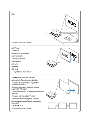 Page 5Zoom
Auto Focus
Auto-Fokus
Mise au point automatique
Fuoco automatico
Enfoque automático
Auto focagem
Autofokus
Автофокус
자동 초점
(→  page 22 of the User’s Manual)
Auto Keystone Correction (Vertical)
Automatische Trapezkorrektur (Vertikal)
Correction de la déformation trapézoïdale 
automatique (Vertical)
Correzione automatica della deformazione 
trapezoidale (Verticale)
Corrección automática de la distorsión trapezoidal 
(Vertical)
Correcção auto trapezóide (Vertical)
Automatisk keystonekorrigering...