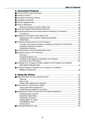 Page 12
x
Table of Contents
4. Convenient Features ........................................................................\
.............33
 Turning Off the Image and Sound   ........................................................................\
.......33
 Freezing a Picture  ........................................................................\
...............................33
 Enlarging and Moving a Picture........................................................................\
...........33
...