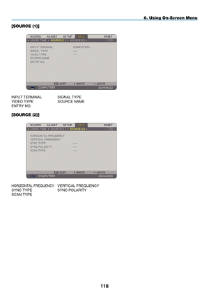 Page 132
118
6. Using On-Screen Menu
[SOURCE (1)]
 
INPUT  T ERMINAL  S IGNAL  T YPE
V
IDEO  T YPE  S OURCE  N AME
E
NTRY  N O .
[SOURCE (2)]
 
HORIZONTAL  F REQUENCY V ERTICAL  F REQUENCY
S
YNC
 T
YPE  S YNC  P OLARITY
S
CAN
 T
YPE 