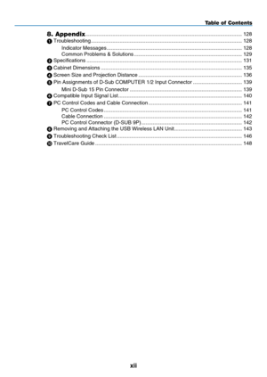 Page 14
xii
Table of Contents
8. Appendix ........................................................................\
.....................................128
 Troubleshooting   ........................................................................\
.................................128
Indicator Messages   ........................................................................\
......................128
Common Problems & Solutions   ........................................................................\...