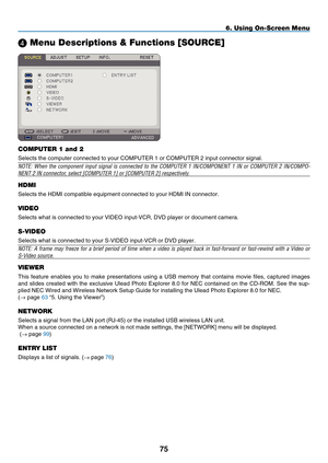 Page 89
75
6. Using On-Screen Menu
 Menu Descriptions & Functions [SOURCE]
COMPUTER 1 and 2
Selects the computer connected to your COMPUTER 1 or COMPUTER 2 input co\
nnector signal.
NOTE:  When  the  component  input  signal  is  connected  to  the  COMPUTER  1  IN/COMPONENT  1  IN  or  COMPUTER  2  IN/COMPO-
NENT 2 IN connector, select [COMPUTER 1] or [COMPUTER 2] respectively.
HDMI
Selects the HDMI compatible equipment connected to your HDMI IN connecto\
r.
VIDEO
Selects what is connected to your VIDEO...