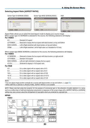 Page 97
8
6. Using On-Screen Menu
Selecting Aspect Ratio [ A S p ECT  R ATIO]
 Screen Type 4:3 SCREEN (VIDEO)   Screen Type WIDE SCREEN (VIDEO)   RGB
   
Aspect Ratio allows you to select the best Aspect mode to display your s\
ource image.
When screen type 4:3 SCREEN is selected for the source, the following se\
lections will display:
For VIDEO
4:3  .........................Standard 4:3 aspect
L
ETTER
B
OX
 
...........
Reduced to display the true aspect with black borders on top and bottom
W
IDE
 S...