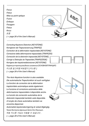 Page 5
Focus
Fokus
Mise au point optique
Fuoco
Enfoque
Focagem
Fokus
Фок\bс
초점
(→ page 26 of the User’s Manual)
Correcting Keystone Distortion [KEySToNE]
Korrigieren der Trapezverzerrung [ TRAPEz]
Correction de la déformation trapézoïdale [ KEySToNE]
Correzione della deformazione trapezoidale [ TRAPEzIo]
Corrección de la distorsión trapezoidal [KEySToNE]
Corrigir a Distorção do Trapezóide [ TRAPEzóIDE]
Korrigera den keystonedistorsionen [ KEySToNE]
Коррекция тра\fециевидн\мого искажения [ ОСНОВНОй ПриНциП]
키스톤...