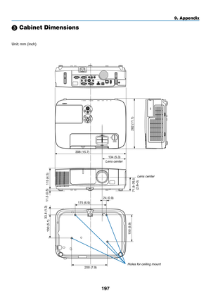 Page 215197
9. Appendix
71.8–76.5(2.8–3)
398 (15.7)
115 (4.5)
282 (11.1)
11.5 (0.5)
175 (6.9)
24 (0.9)
33.8 (1.3)
130 (5.1)
150 (5.9)
200 (7.9) 134 (5.3)
 Cabinet Dimensions
Lens center
Lens center
Holes for ceiling mount
Unit: 	mm	(inch) 