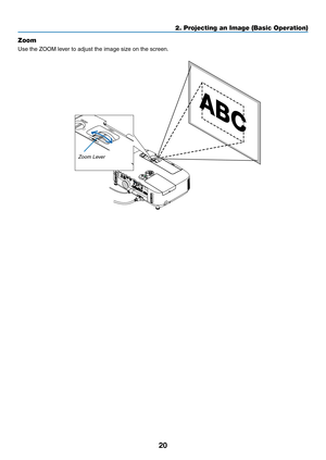 Page 3820
2. Projecting an Image (Basic Operation)
Zoom
Use	the	ZOOM	lever	to	adjust	the	image	size	on	the	screen.
Zoom Lever 