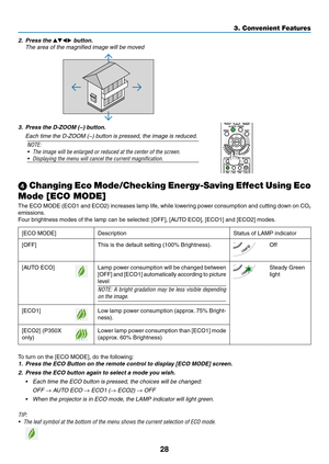 Page 4628
3. Convenient Features
 Changing Eco Mode/Checking Energy-Saving Effect Using Eco 
Mode [ECO MODE]
The	 ECO	 MODE	 (ECO1	 and	ECO2)	 increases	 lamp	life,	while	 lowering	 power	consumption	 and	cutting	 down	on	CO2 
emissions. 	
Four	brightness	modes	of	the	lamp	can	be	selected: 	[OFF],	[AUTO	ECO],	[ECO1]	and	[ECO2]	modes.	
[ECO	MODE]	DescriptionStatus	of	LAMP	indicator
[OFF]This	is	the	default	setting	(100%	Brightness).Off
[AUTO	ECO]Lamp	power	 consumption	 will	be	changed	 between	
[OFF]	and...