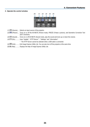 Page 5335
3. Convenient Features
5.	 Operate	the	control	window.
(1)  (Source) �����Selects an input source of the projector � 
(2)  (Picture) ����Turns  on  or  off  the  AV-MUTE  (Picture  mute),  FREEZE  (Freeze  a  picture),  and  Geometric  Correction  Tool 
(GCT) functions� 
(3)  (Sound) �����Turns on or off AV-MUTE (Sound mute), play the sound and turns up or down the volume�
(4)  (Etc) �����������Uses “Update”, “HTTP Server”*, “Settings” and “Information”�
*  The HTTP Server cannot be selected when a...