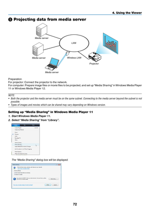 Page 9072
4. Using the Viewer
❺ Projecting data from media server
LAN
Media server Media server Wireless LAN
Media server
Projector
Preparation
For	projector:	Connect	the	projector	to	the	network.
For	computer: 	Prepare	 image	files	or	movie	 files	to	be	 projected,	 and	set	up	“Media	 Sharing” 	in	 Windows	 Media	Player	
11	or	Windows	Media	Player	12.
NOTE:	
•	 Both	 the	projector	 and	the	media	 server	 must	be	on	 the	 same	 subnet.	 Connecting	 to	the	 media	 server	 beyond	 the	subnet	 is	not	
possible.
•...