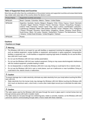 Page 10viii
Important Information
Table of Supported Areas and Countries
Note	that	use	with	 other	 than	the	combinations	 of	the	 product	 names	and	supported	 countries	and	areas	 listed	below	
may	violate	radio	wave	laws	of	the	country	where	the	device	is	used.
Product	NameSupported	countries	and	areas
NP02LM1Brazil	/	Canada	/	Colombia	/	Mexico	/	 Taiwan	/	United	States
NP02LM2Argentina	/	Australia	 /	Austria	 /	Belgium	 /	Bulgaria	 /	Chile	 /	China	 /	Cyprus	 /	Czech	 /	Denmark	
/	 Ecuador	 /	Egypt	 /...