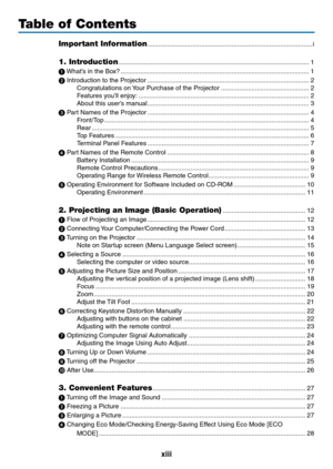 Page 15xiii
Table of Contents
Important Information ........................................................................\
....................i
1. Introduction  ........................................................................\
..................................1
1
	 What’s	in	the	Box? ........................................................................\
.................................1

	Introduction	to	the	Projector  ........................................................................\...