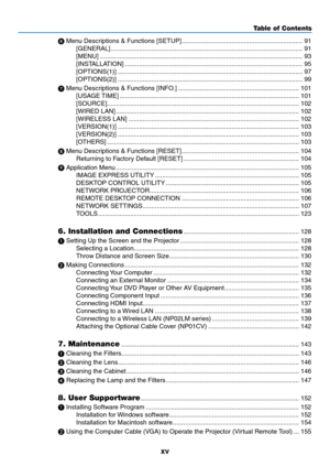 Page 17xv
Table of Contents
	Menu	Descriptions	&	Functions	[SETUP] ....................................................................91
[GENERAL]
  ........................................................................\
....................................91
[MENU]
  ........................................................................\
..........................................93
[INSTALLATION]
  ........................................................................\
............................95...