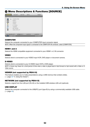 Page 10492
5. Using On-Screen Menu
❹ Menu Descriptions & Functions [SOURCE]
COMPUTER
Selects	the	computer	connected	to	your	COMPUTER	input	connector	signal.
NOTE:	When	the	component	input	signal	is	connected	to	the	COMPUTER	IN	connector,	select	[COMPUTER].	
HDMI1 and 2
Selects	the	HDMI	compatible	equipment	connected	to	your	HDMI1	or	2	IN	connector.
VIDEO
Selects	what	is	connected	to	your	
VIDEO	input-VCR,	DVD	player	or	document	camera.
S-VIDEO
Selects	what	is	connected	to	your	S-VIDEO	input-VCR	or	DVD	player....