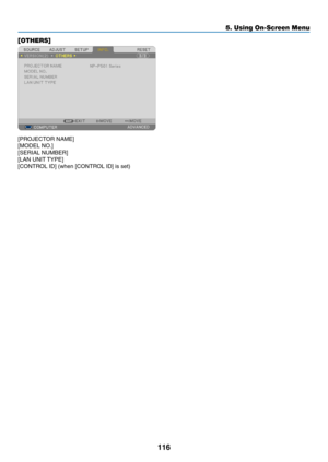 Page 128116
5. Using On-Screen Menu
[OTHERS]
[PROJECTOR	NAME]
[MODEL	NO.]
[SERIAL	NUMBER]
[LAN	UNIT	TYPE]
[CONTROL	ID]	(when	[CONTROL	ID]	is	set) 