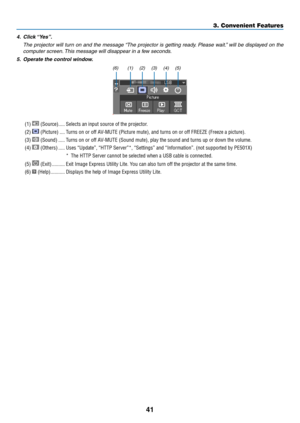 Page 5341
3. Convenient Features
4.	 Click	“Yes”.
	 The	projector	 will	turn	 on	and	 the	message	 “The	projector	 is	getting	 ready.	Please	 wait.”	will	 be	displayed	 on	the	
computer screen. This message will disappear in a few seconds.
5.	 Operate	the	control	window.
(1) (2) (3) (4) (5)
(6)
(1)  (Source)  �����Selects an input source of the projector � 
(2)  (Picture) ����Turns on or off AV-MUTE (Picture mute), and turns on or off FREEZE (Freeze a picture)�
(3)  (Sound) �����Turns on or off AV-MUTE (Sound...