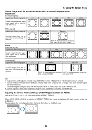 Page 10789
5. Using On-Screen Menu
Sample image when the appropriate aspect ratio is automatically determined
P420X/P350X
[Computer	signal]
Aspect	ratio	of	incoming	signal4:35:416:9 15:916:10
Sample	image	when	the	appro-priate	 aspect	 ratio	is	automati-cally	determined
[Video	signal]
Aspect	ratio	of	incoming	signal4:3 Letterbox Squeeze
Sample	image	when	the	as-pect	 ratio	 is	automatically	 de-
termined
NOTE:	 To	display	 a	squeezed	 signal	prop-erly,	select	[16:9]	or	[WIDE	ZOOM].
P350W
[Computer	signal]
Aspect...