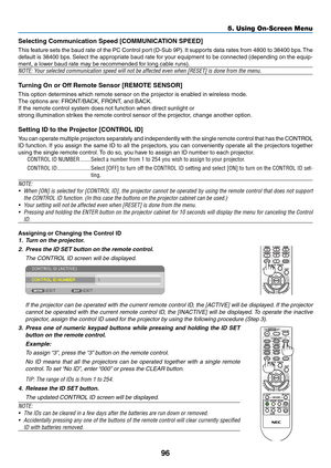 Page 11496
5. Using On-Screen Menu
Selecting Communication Speed [COMMUNICATION SPEED]
This	feature	 sets	the	baud	 rate	of	the	 PC	Control	 port	(D-Sub	 9P).	It	 supports	 data	rates	 from	4800	 to	38400	 bps.	The	
default	 is	38400	 bps.	Select	 the	appropriate	 baud	rate	for	your	 equipment	 to	be	 connected	 (depending	 on	the	 equip-
ment,	a	lower	baud	rate	may	be	recommended	for	long	cable	runs).
NOTE:	Your	selected	communication	speed	will	not	be	affected	even	when	[RESET]	is	done	from	the	menu.
Turning...