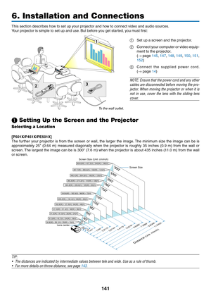 Page 153141
6. Installation and Connections
32
1
This	section	describes	how	to	set	up	your	projector	and	how	to	connect	video	and	audio	sources.
Your	projector	is	simple	to	set	up	and	use.	But	before	you	get	started,	you	must	first:
①	 Set	up	a	screen	and	the	projector.
②	 Connect	your	computer	 or	video	 equip-
ment	to	the	projector.
	(→	page	145,  147, 148, 149, 150, 151, 
152)
③
	 Connect	 the	supplied	 power	cord. 
(→
	page	14)
NOTE:	 Ensure	 that	the	power	 cord	and	any	other	
cables	 are	disconnected...