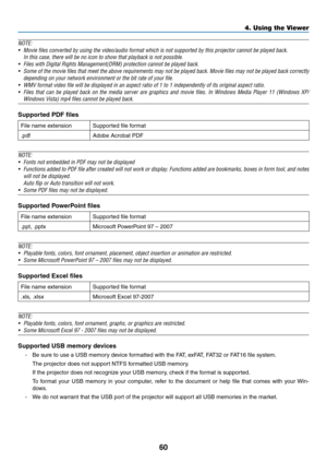Page 7260
4. Using the Viewer
NOTE:
•	 Movie	files	converted	by	using	the	video/audio	format	which	is	not	supported	by	this	projector	cannot	be	played	back.
	 In	this	case,	there	will	be	no	icon	to	show	that	playback	is	not	possible.
•	 Files	with	Digital	Rights	Management(DRM)	protection	cannot	be	played	back.
•	 Some	of	the	 movie	 files	that	meet	 the	above	 requirements	 may	not	be	played	 back.	Movie	 files	may	 not	be	played	 back	correctly	
depending	on	your	network	environment	or	the	bit	rate	of	your...