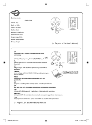 Page 3VOLUMEL-CLICK
MOUSER-CLICK
AUTO ADJ.
ASPECT HELP
FREEZE PICTURE
S-VIDEOVIDEOCOMPUTER
2ECO MODE1
MENU
EXITEN
TER
STATUS LAMP
AUTO ADJ. SOURCE
FnF1F12
VOLUMEL-CLICK
MOUSER-CLICK
ASPECT HELP
FREEZE PICTURE
AUTO ADJ.S-VIDEOVIDEOCOMPUTER
ECO MODE1
2
MENU
EXITENT
ER
STATUS LAMP
AUTO ADJ. SOURCE
(
→ Page 29 of the User’s Manual)
Select a source.
 
Vyberte zdroj.
Vælg en kilde.
Επιλέξτε μία πηγή.
Valitse lähde.
Válasszon ki egy forrást.
Selecteer een bron.
Velg en signalkilde.
Wybierz źródło sygnału.
Bir kaynak...