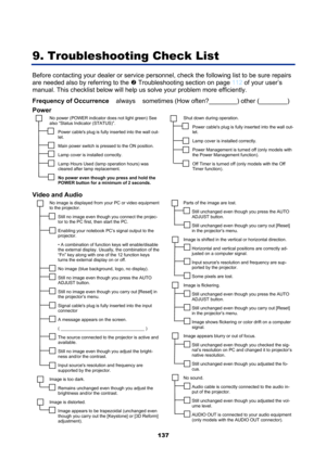 Page 149
 
137 
9. Troubleshooting Check List 
Before contacting your dealer or service personnel, check the following list to be sure repairs 
are needed also by referring to the 
o  Troubleshooting section on page 112  of your user’s 
manual. This checklist below will help us  solve your problem more efficiently.  
Frequency of Occurrence     always    sometimes (How often?________) other (________) 
Power 
No power (POWER indicator does not light green) See 
also “Status Indicator (STATUS)”. 
Power cables...