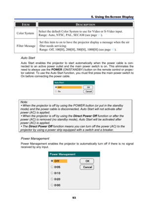 Page 105
5. Using On-Screen Display 
93 
ITEM DESCRIPTION 
Color System Select the default Color System to use for Video or S-Video input.  
Range: Auto, NTSC, PAL, SECAM (see page 95
). 
Filter Message  Set this item to on to have the projector display a message when the air 
filter needs servicing.  
Range: Off, 100[H], 200[H], 
500[H], 1000[H] (see page 
95). 
 
Auto Start 
Auto Start enables the projector to start automatically when the power cable is con-
nected to an active power outlet and the main power...