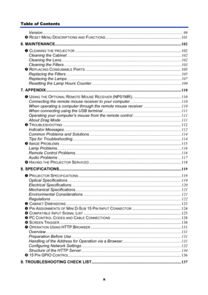 Page 12
Table of Contents 
x 
Version........................................................................\
....................................................... ...........99 
v RESET MENU DESCRIPTIONS AND FUNCTIONS........................................................................\
..101 
6. MAINTENANCE........................................................................\
....................................................102 
n CLEANING THE...