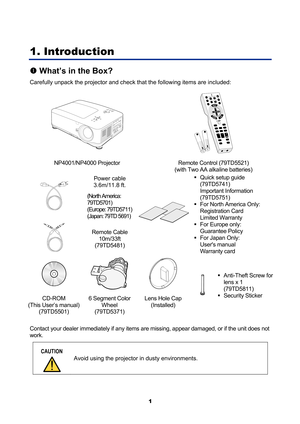 Page 13
 
1 
1. Introduction 
n What’s in the Box? 
Carefully unpack the projector and check  that the following items are included: 
  
NP4001/NP4000 Projector  Remote Control (79TD5521)  (with Two AA alkaline batteries) 
Power cable 
3.6m/11.8 ft. 
  (North America: 
79TD5701) 
(Europe: 79TD5711) 
(Japan: 79TD 5691) 
  Remote Cable 
10m/33ft 
(79TD5481) 
ƒ  Quick setup guide 
(79TD5741) 
Important Information 
(79TD5751) 
ƒ   For North America Only: 
Registration Card 
Limited Warranty 
ƒ   For Europe only:...