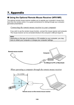 Page 122
 
110 
7. Appendix 
n Using the Optional Remote Mouse Receiver (NP01MR) 
The optional remote mouse receiver enables y ou to operate your computer’s mouse func-
tions from the remote control. It is a great  convenience for clicking through your computer-
generated presentations. 
Connecting the remote mouse  receiver to your computer 
If you wish to use the remote mouse function, connect the mouse receiver and computer. 
The mouse receiver can be connected directly to the computer’s USB port (type A)....