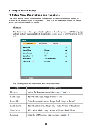 Page 92
5. Using On-Screen Display 
80
t Setup Menu Descriptions and Functions 
The Setup menus contain the most often used settings during installation and options to  
customize the general output of the projector.  Three tabs are accessible through the Setup 
menu, general, installation and option. 
General 
The General tab contains general setup options such as lamp mode and OSD language  
settings and can be accessed with the projector control panel or with the remote control 
unit. 
 
The following table...