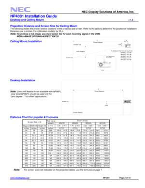 Page 3 
    NEC Display Solutions of America, Inc.
 
NP4001 Installation Guide 
Desktop and Ceiling Mount                             v 1.0 
www.necdisplay.com                                                                                                         NP4001              Page 3 of 10 
 
Projection Distance and Screen Size for Ceiling Mount  
The following shows the proper relative positions of the projector and screen. Refer to the table to determine the position of installation. 
Distances are in...