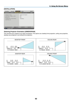 Page 69
60
5. Using On-Screen Menu
[INSTALLATION]
Selectng Projector Orentaton [ORIENTATION]
This reorients your image for your type of projection. The options are: desktop front projection, ceiling rear projection, 
desktop rear projection, and ceiling front projection.
DESKTOP FRONTCEILING REAR
DESKTOP REARCEILING FRONT 